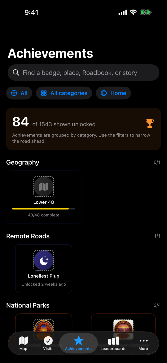 Supercharger Rally achievements grouped for discovery