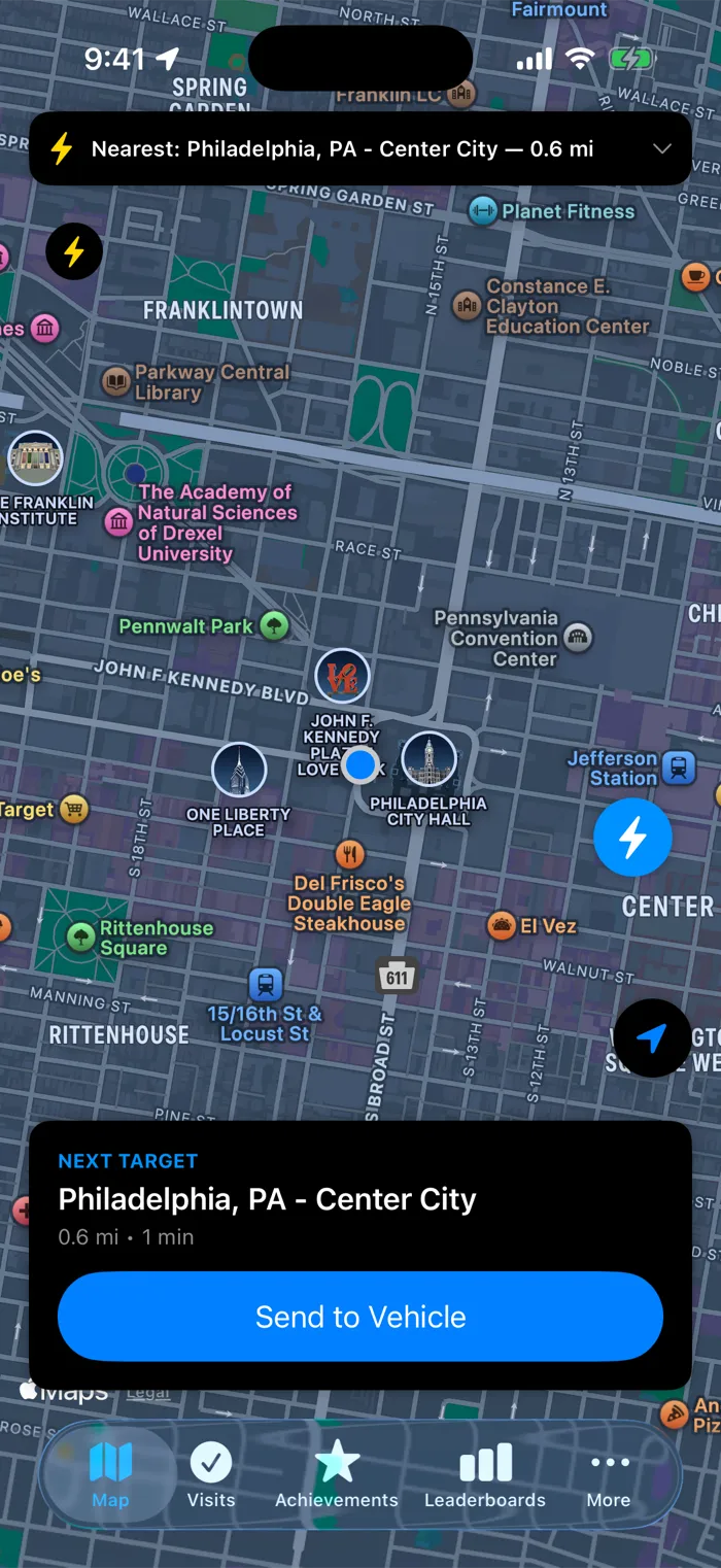 Supercharger Rally map showing the current position and a nearby checkpoint