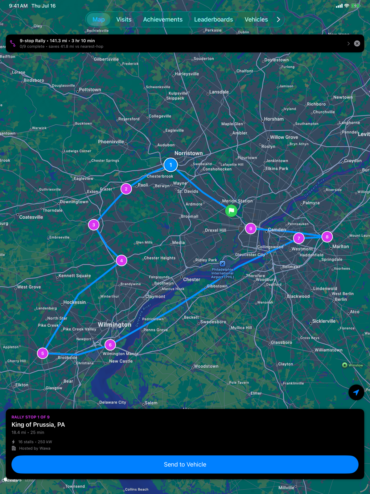Wide optimized Supercharger Rally route on iPad