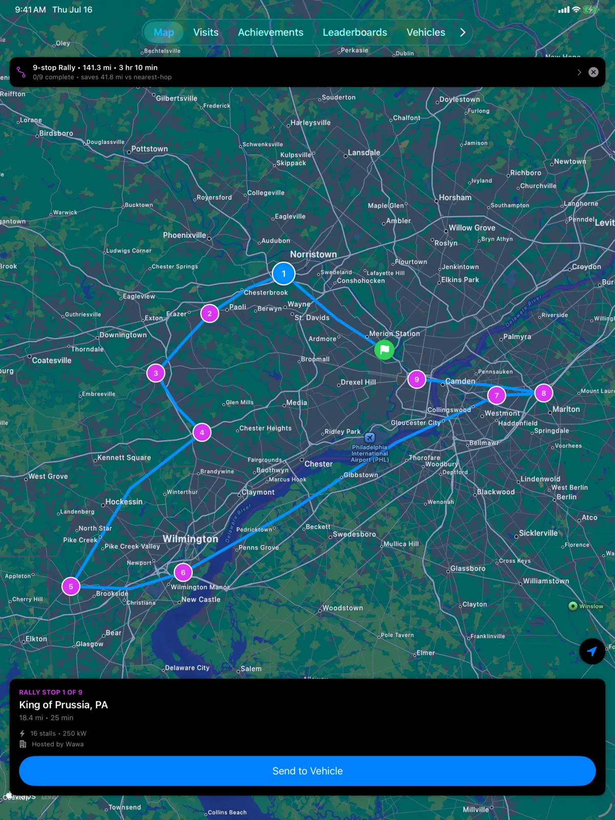Wide optimized Supercharger Rally route on iPad