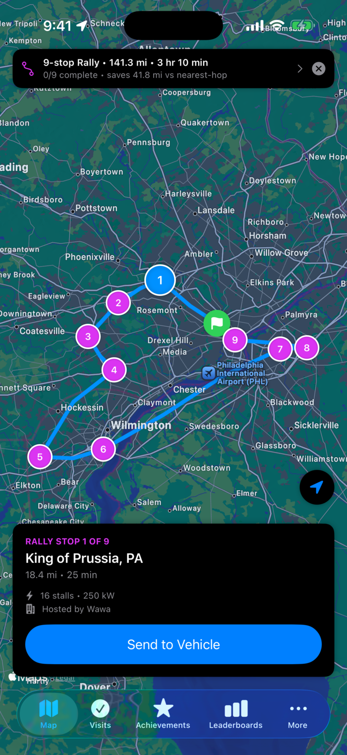 Optimized Supercharger Rally route on iPhone